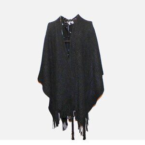 LOFT Outlet Women's Black Open Front Poncho Wrap O/S Fringed Shawl Acrylic Knit